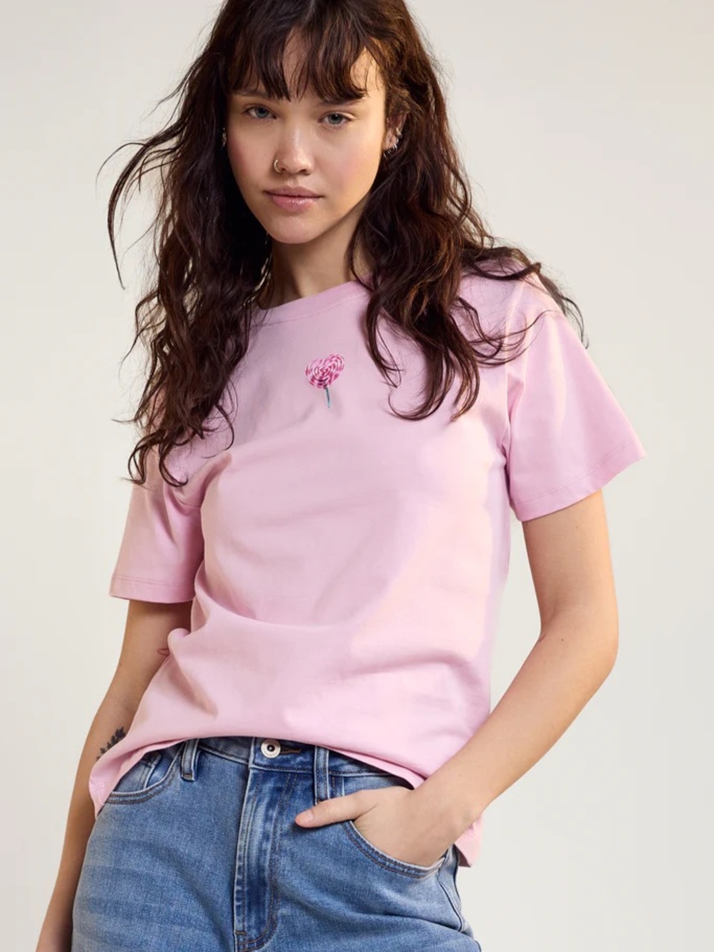 Womance Pink Crop Top with Lollipop Candy Graphic L